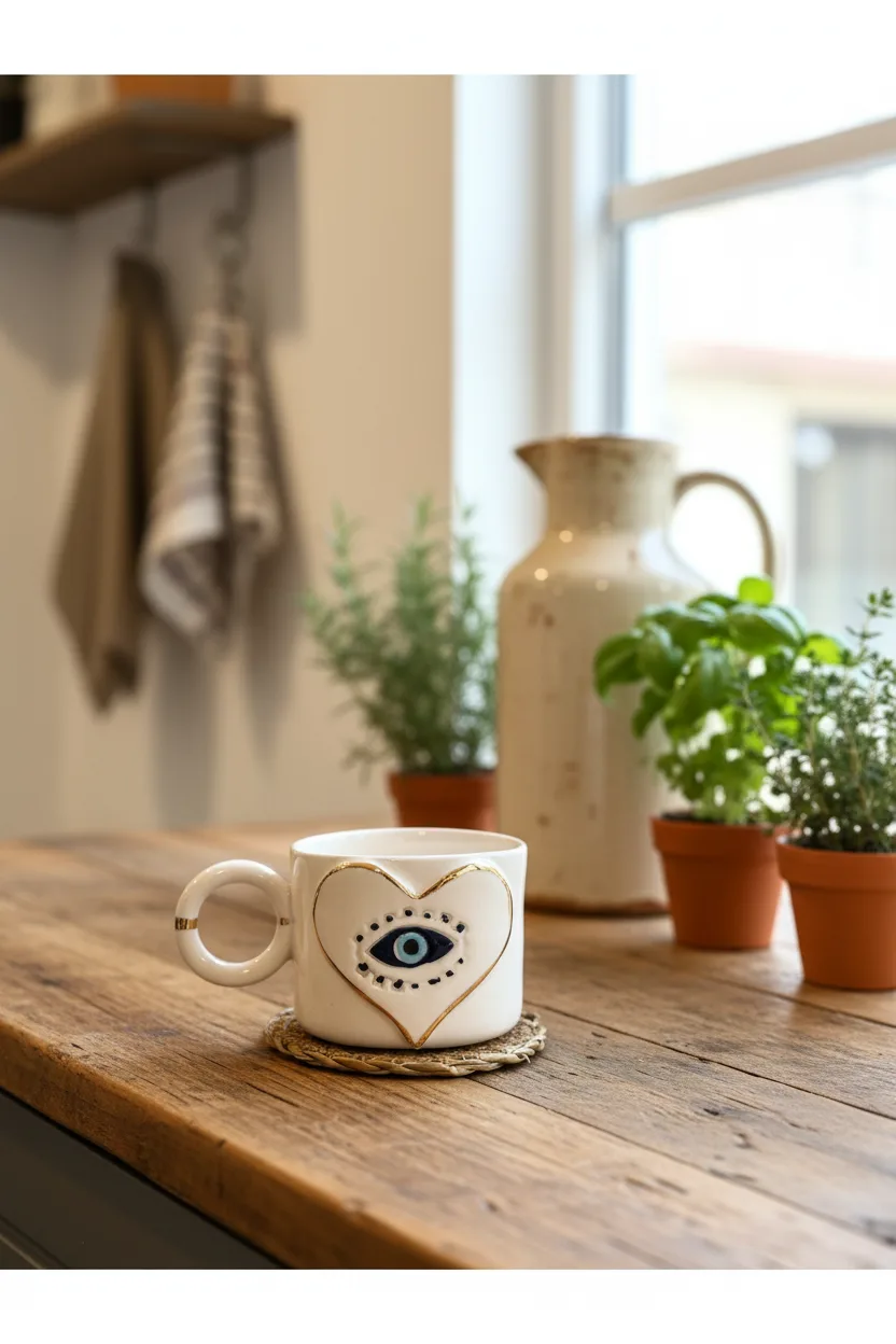 Kalp Gözü Seramik Mug 200ml & 24k Altın Dekor & El Yapımı