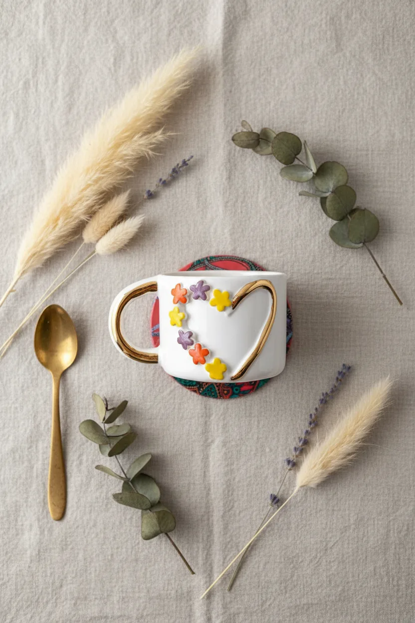 Flowers Seramik Mug 200ml & 24k Altın Dekor & El Yapımı