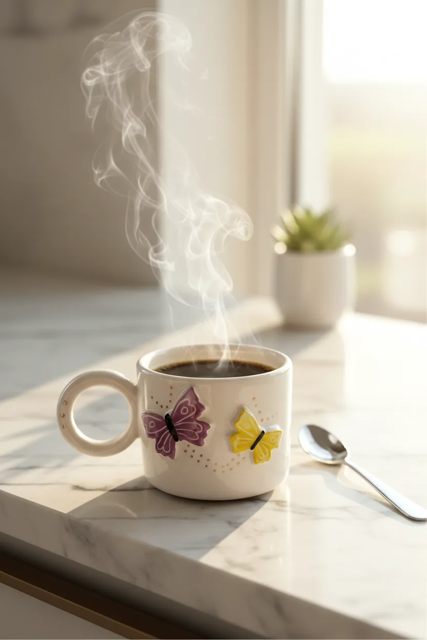 Kelebek Dünyası Seramik Mug 170ml & 24k Altın Dekor & El Yapımı