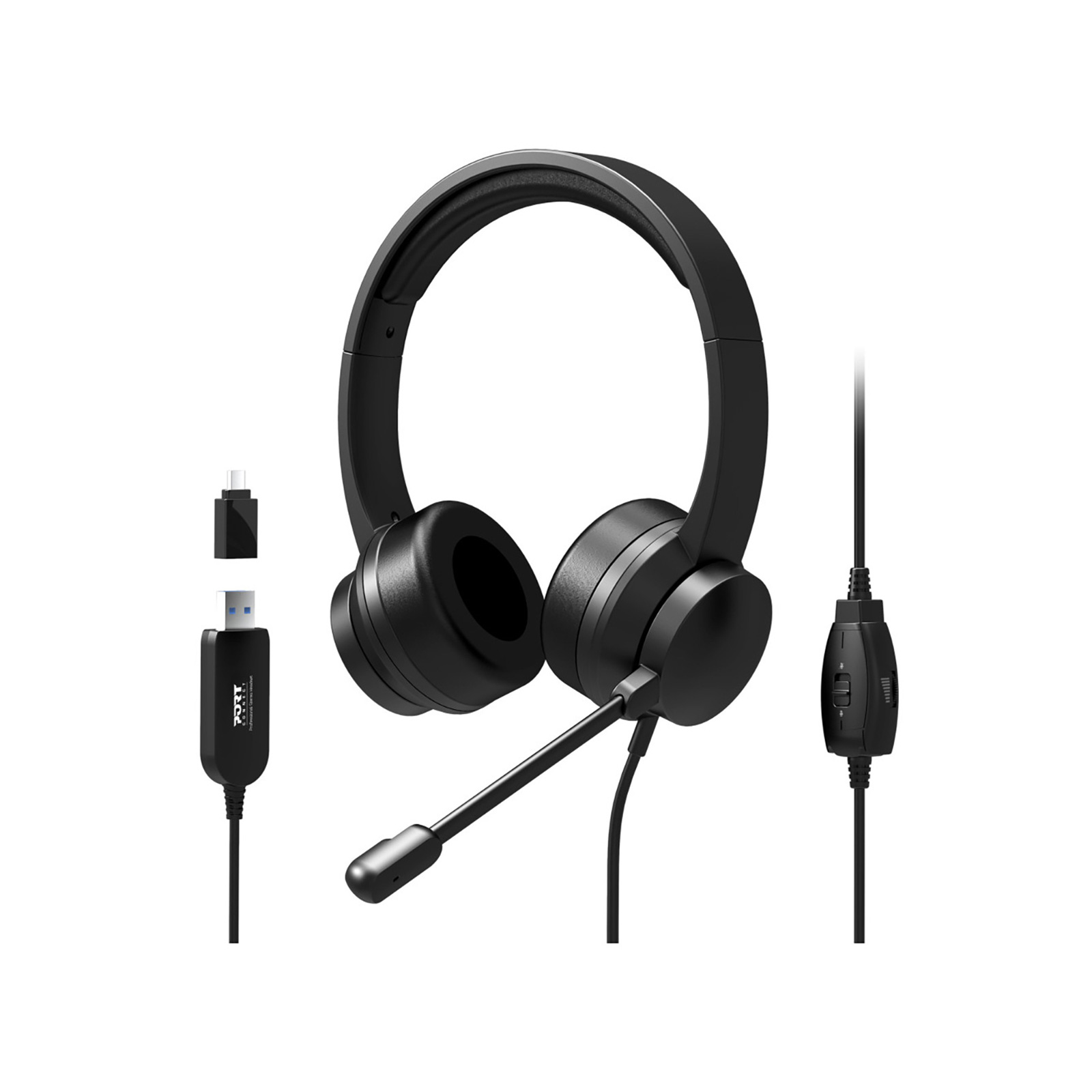 Port Black Comfortable Office Stereo USB Headset