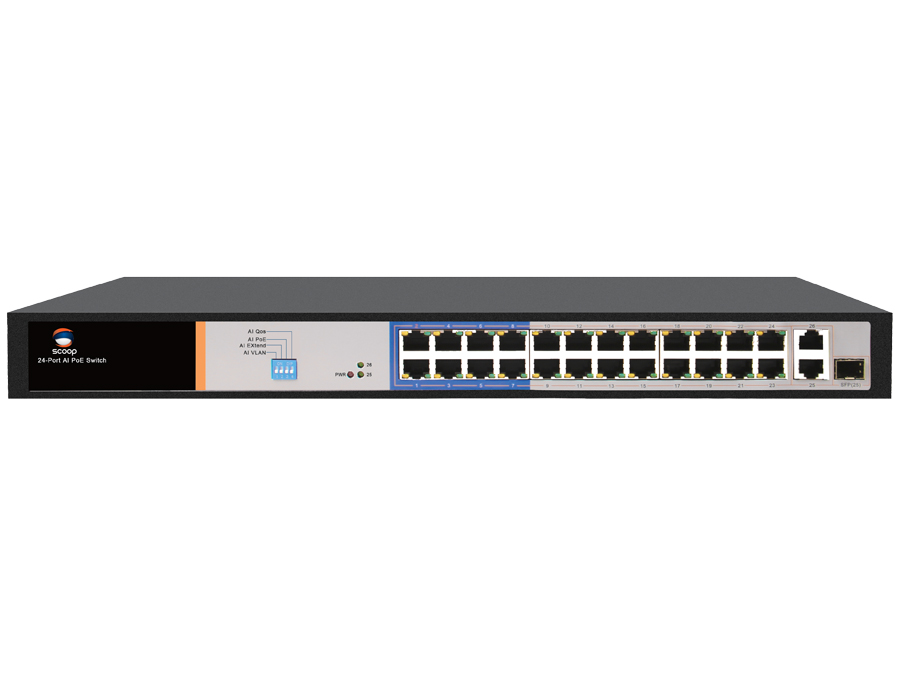 Scoop 24 Port Fast Ethernet PoE 250W 2 Gigabit 1SFP Switch