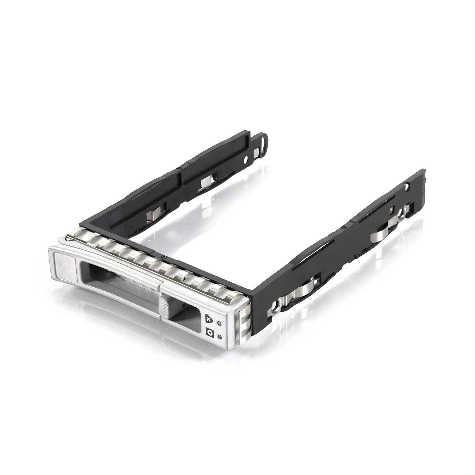A metallic server drive caddy with a black release latch and ventilation holes, shown empty and isolated.