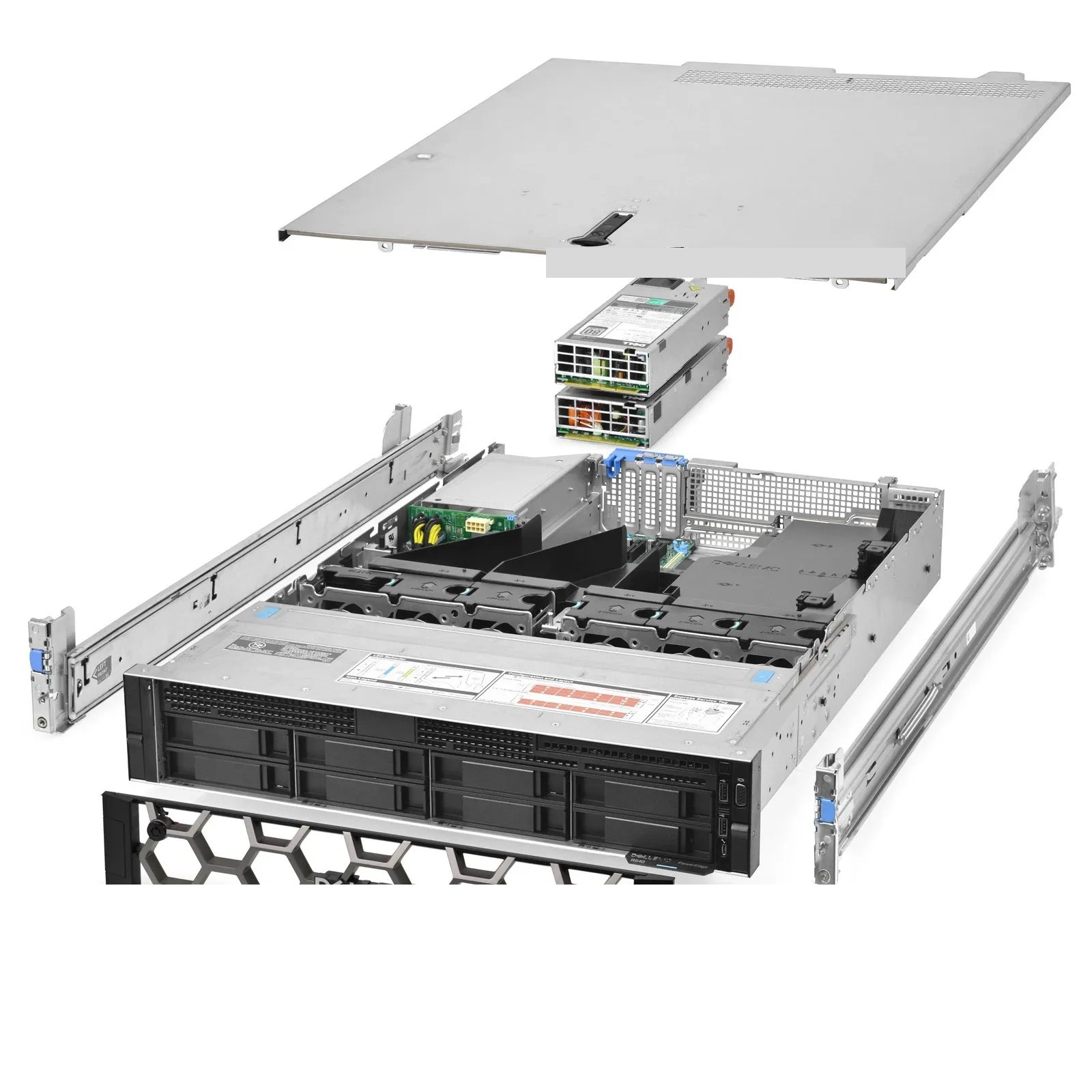 A flat black rackmount server shown from the front, featuring eight large drive bays and a perforated metal chassis.