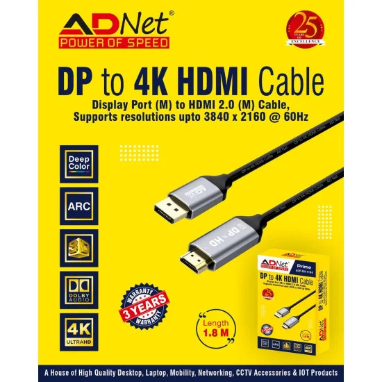 RCT Peripherals HDMI to DisplayPort (Male to Male) Cable, 1.8m