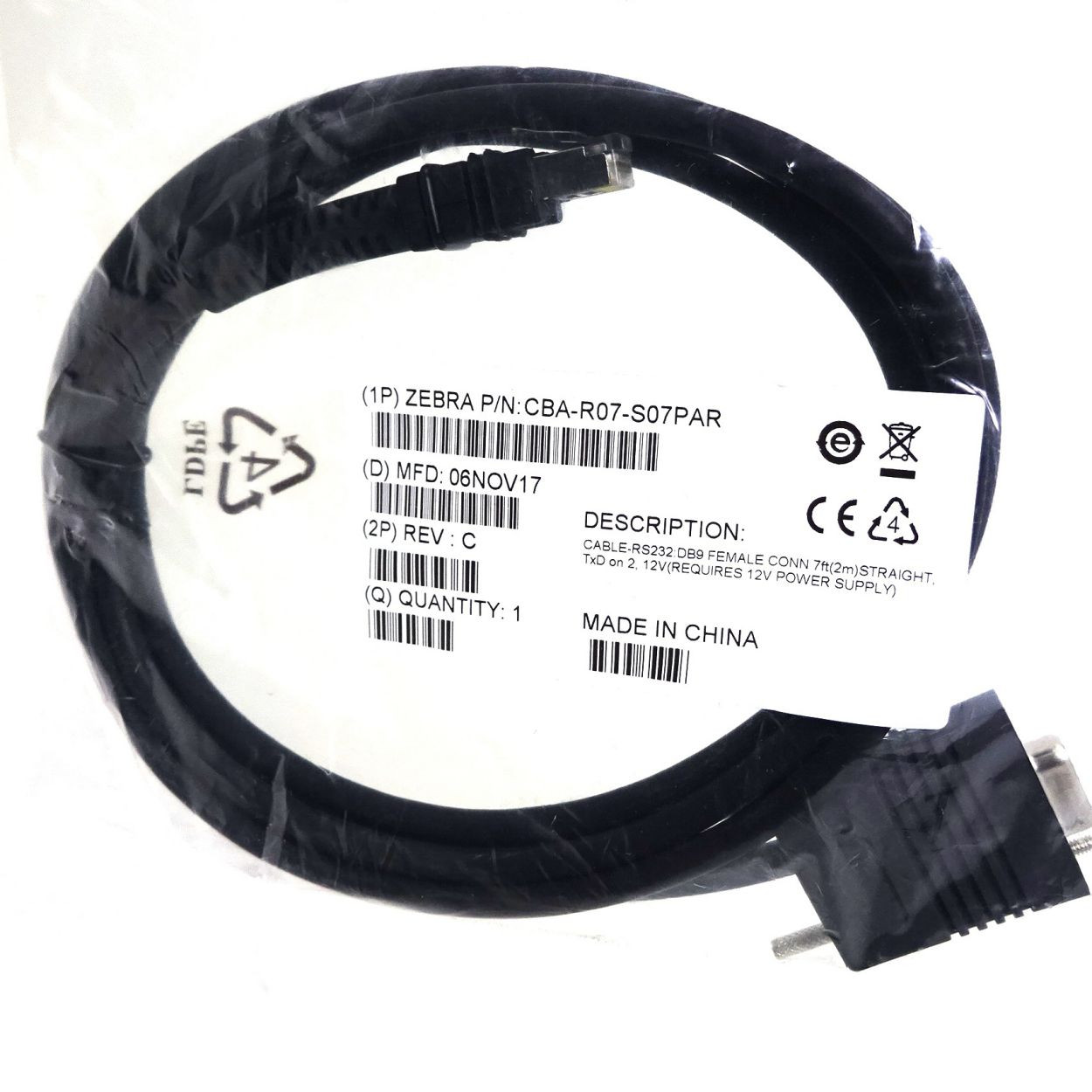 Zebra RS232 DB9 Female Connector Cable, 2m Straight