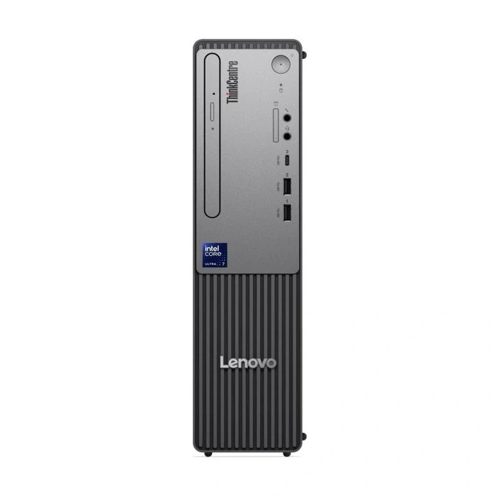A black small form factor Lenovo desktop PC shown upright from the front with a silver grille and front-facing ports.