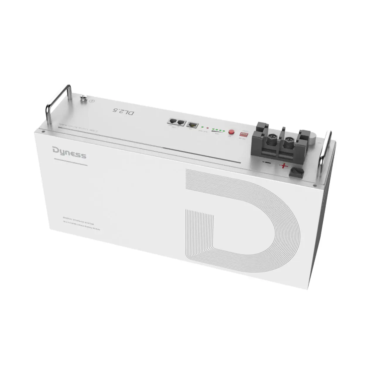 A white, rectangular Dyness lithium-ion battery unit shown upright from the front, featuring a black top control panel and mounting brackets.