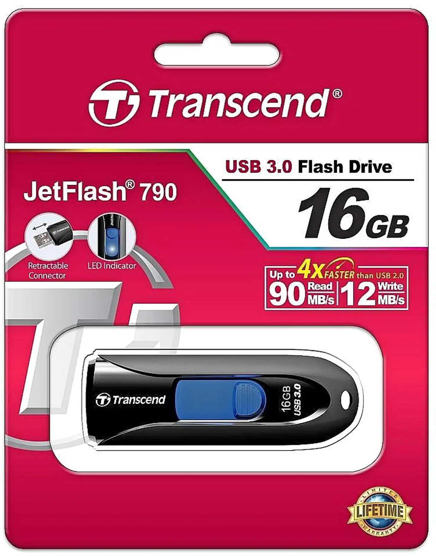 Transcend JF790 16GB USB 3.1 Gen 1 Capless Flash Drive - Black and Blue