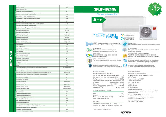 Aire Acondicionado Infiniton SPLIT-4624NA - Inverter, A++, 5000 frigorías,  Cold Plasma