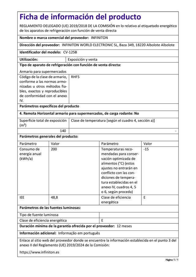 CONGELADOR VERTICAL CV-125B INFINITON (A++/E, BLANCO, CICLICO, Altura  125cm, 140 Litros, DEFROST, Puerta reversible, Termostato regulable,  Independiente) : : Grandes electrodomésticos