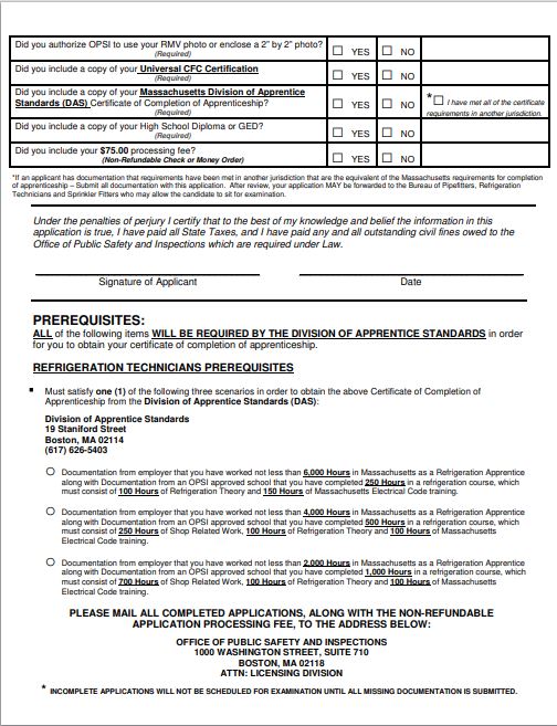 Massachusetts Refrigeration Technician Form Continued