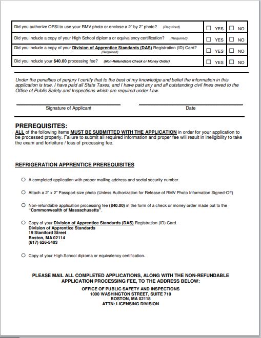 Massachusetts Refrigeration Apprentice form continued