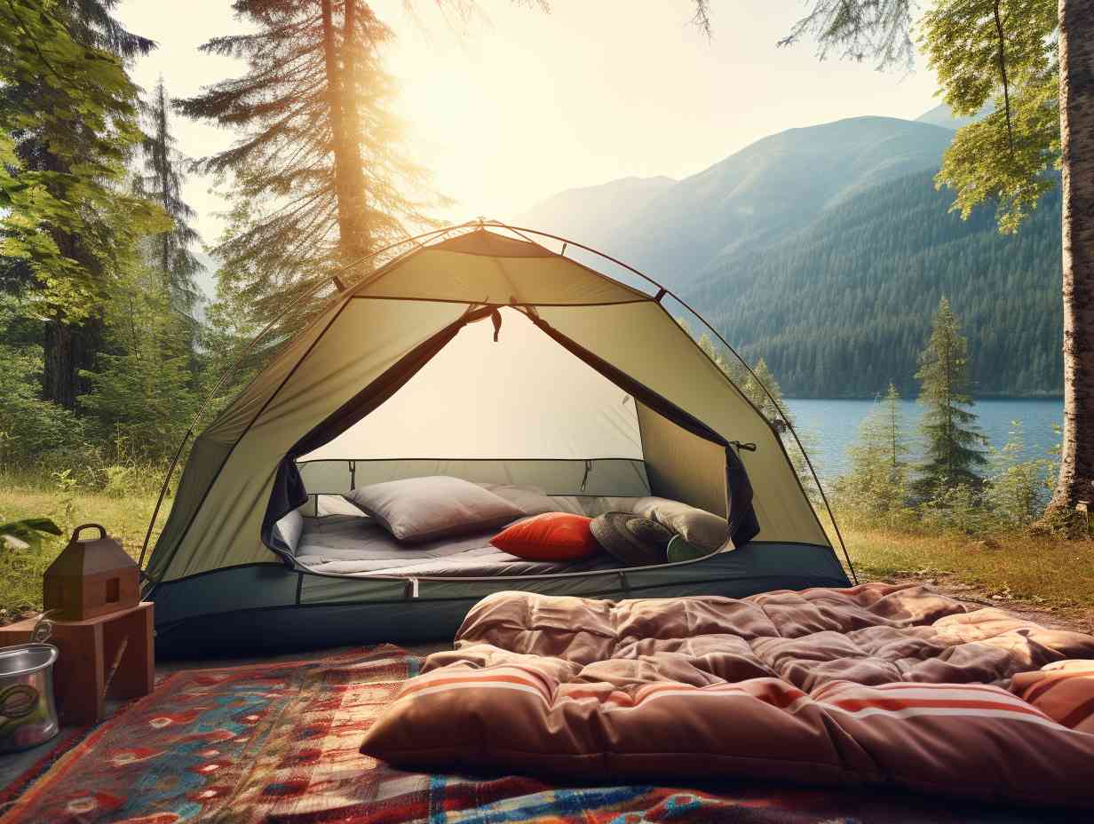 A wellorganized tent with a comfortable air mattress inside surrounded by serene nature at a picturesque campsite