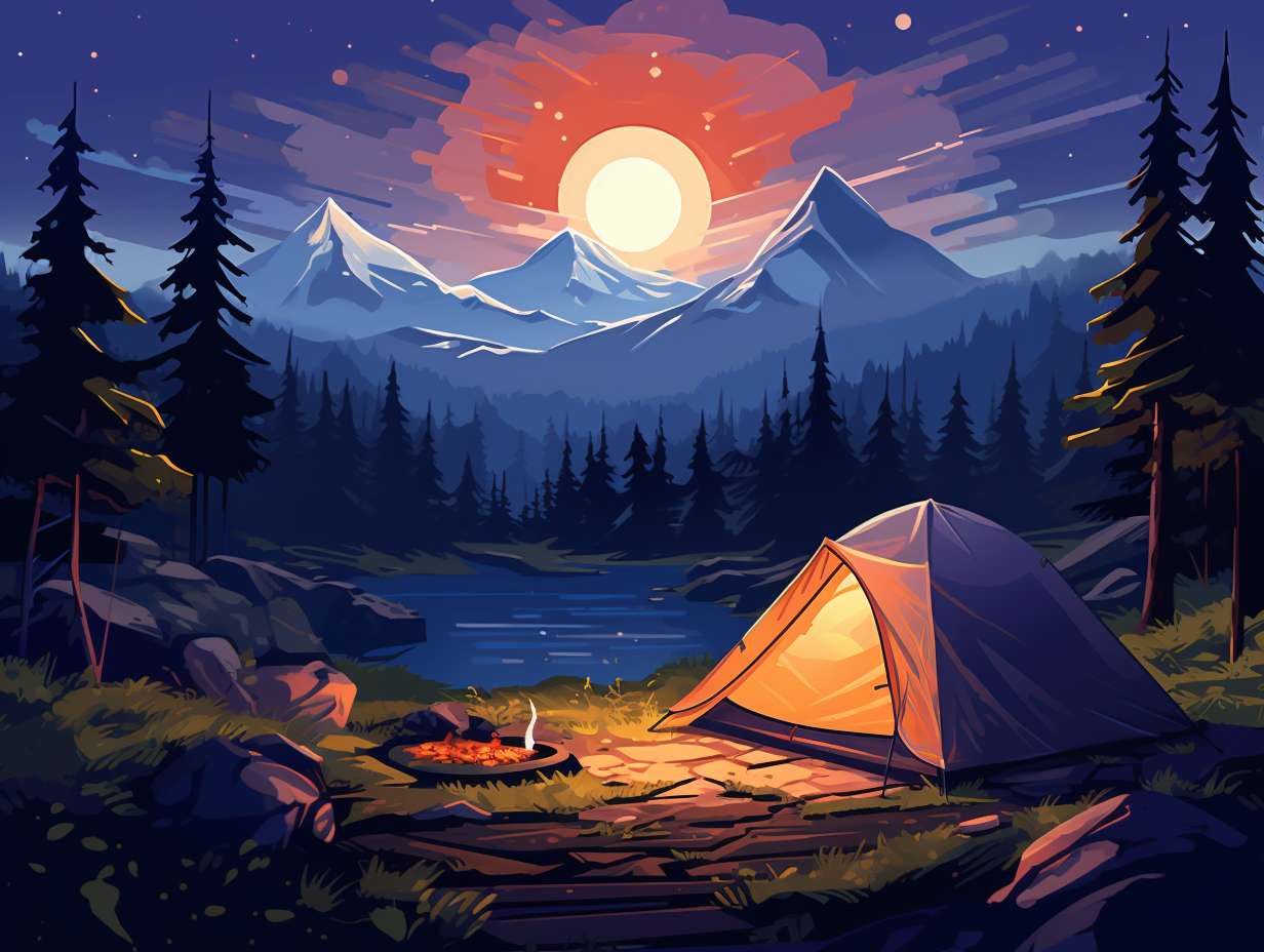 A serene campsite under a starry sky with a comfortable air mattress nestled inside a spacious tent.