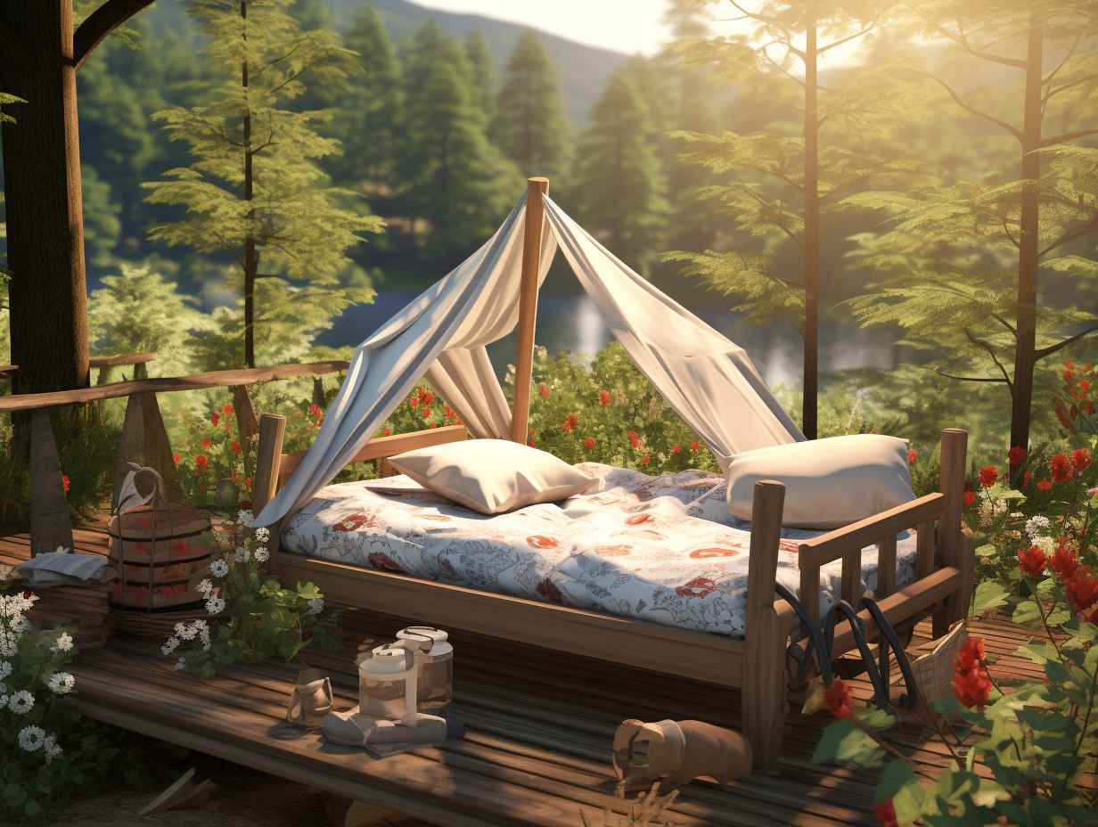 A cozy camping cot surrounded by lush greenery, with a soft blanket and plump pillow, inviting viewers to explore the comfort of camping cots.