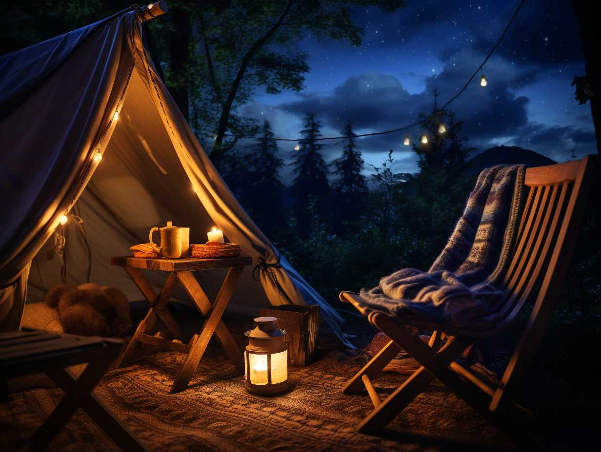 A serene campsite at dusk with a cozy camping cot nestled under a starlit sky, adorned with a plush sleeping bag and a small lantern.