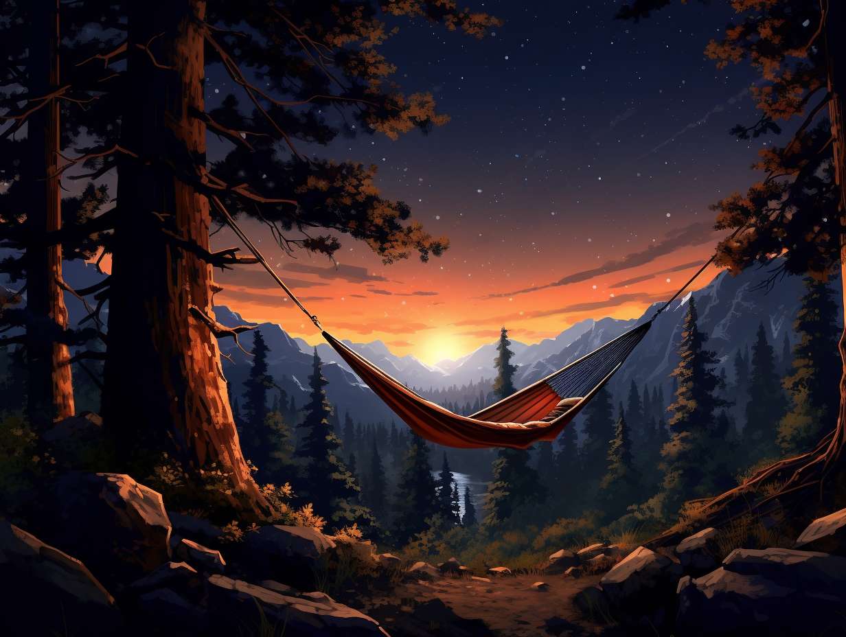 Cozy hammock hanging between two tall trees in a lush forest at dusk