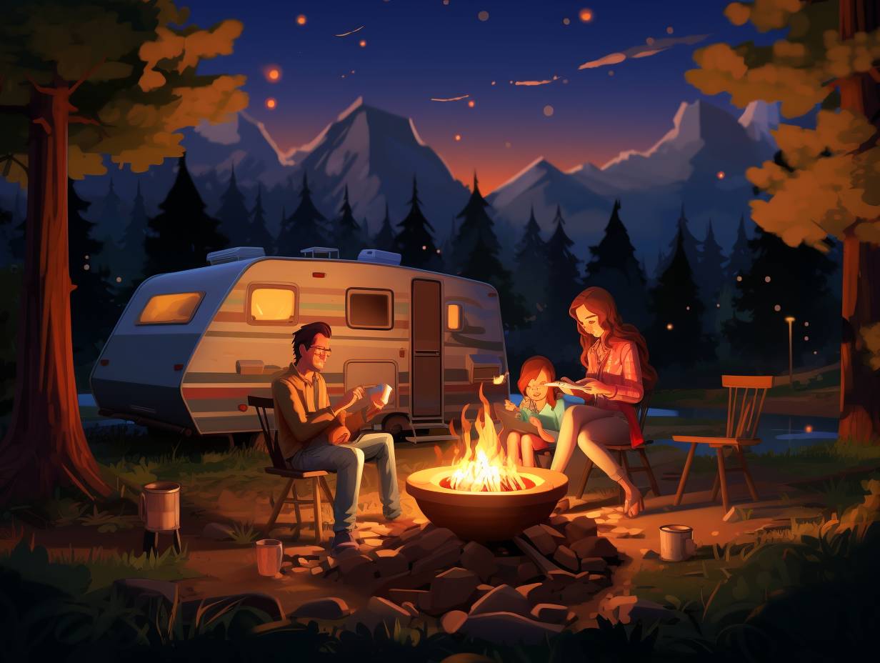 A family sitting around a campfire at a cozy campsite at night with a warm glow from a safe camping heater