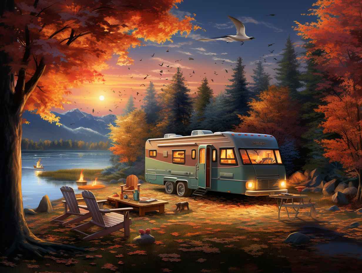 A picturesque campsite nestled between towering trees showcasing a family comfortably relaxing in a spacious RV