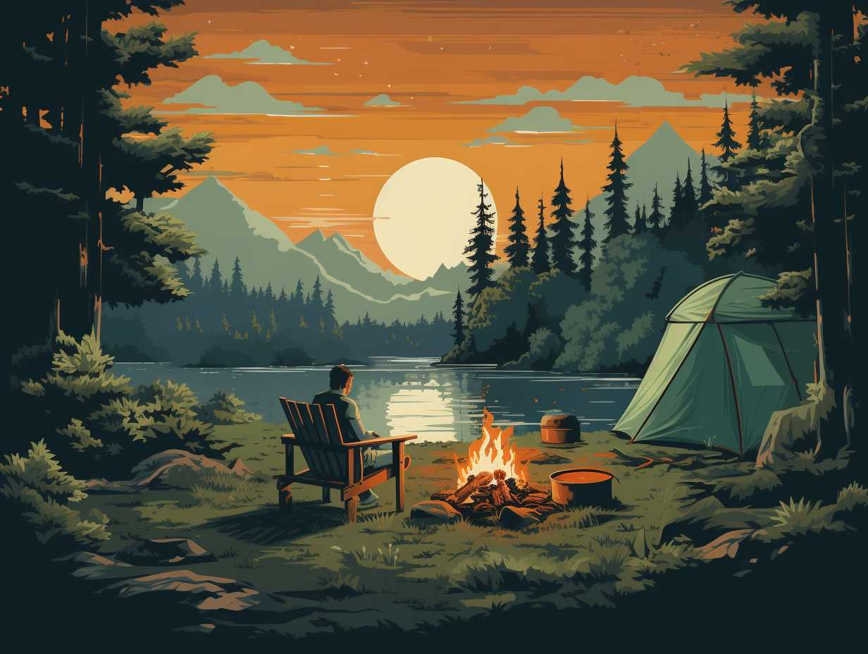 A couple lounging by a cozy campfire surrounded by lush greenery with a subtle display of camping membership logos in the background.