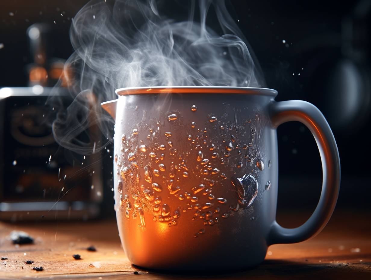 A camping mug in a dishwasher surrounded by sparkling water jets, steam, and a gleaming interior.