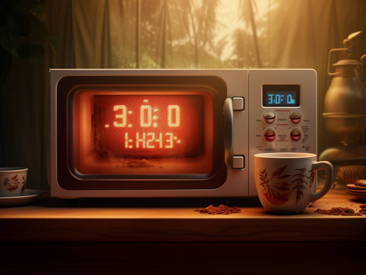 A camping mug placed inside a microwave oven with radiating waves and a rotating glass plate underneath. The mug displays heat-resistant material and microwave-safe symbol.