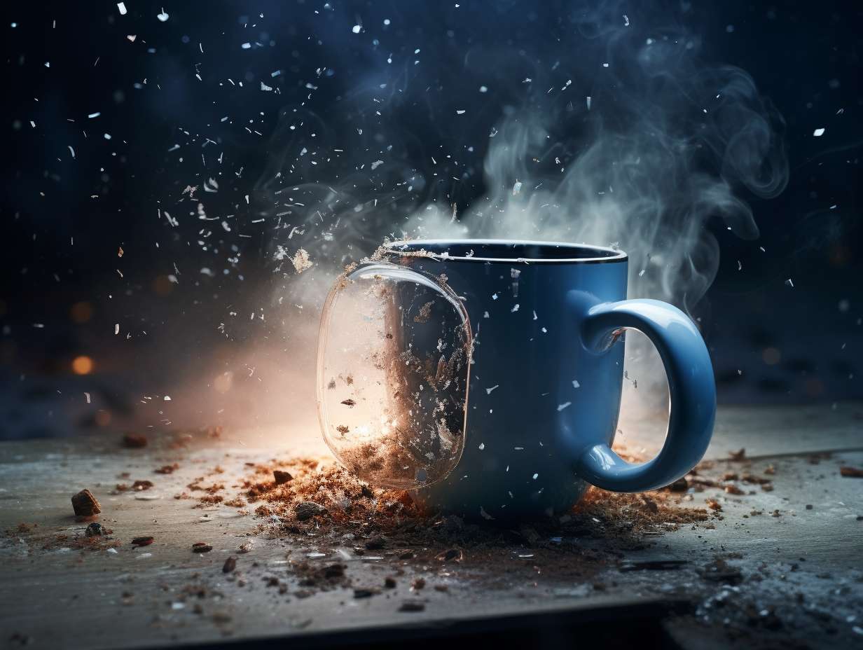 Cracked camping mug in a microwave emitting sparks and smoke