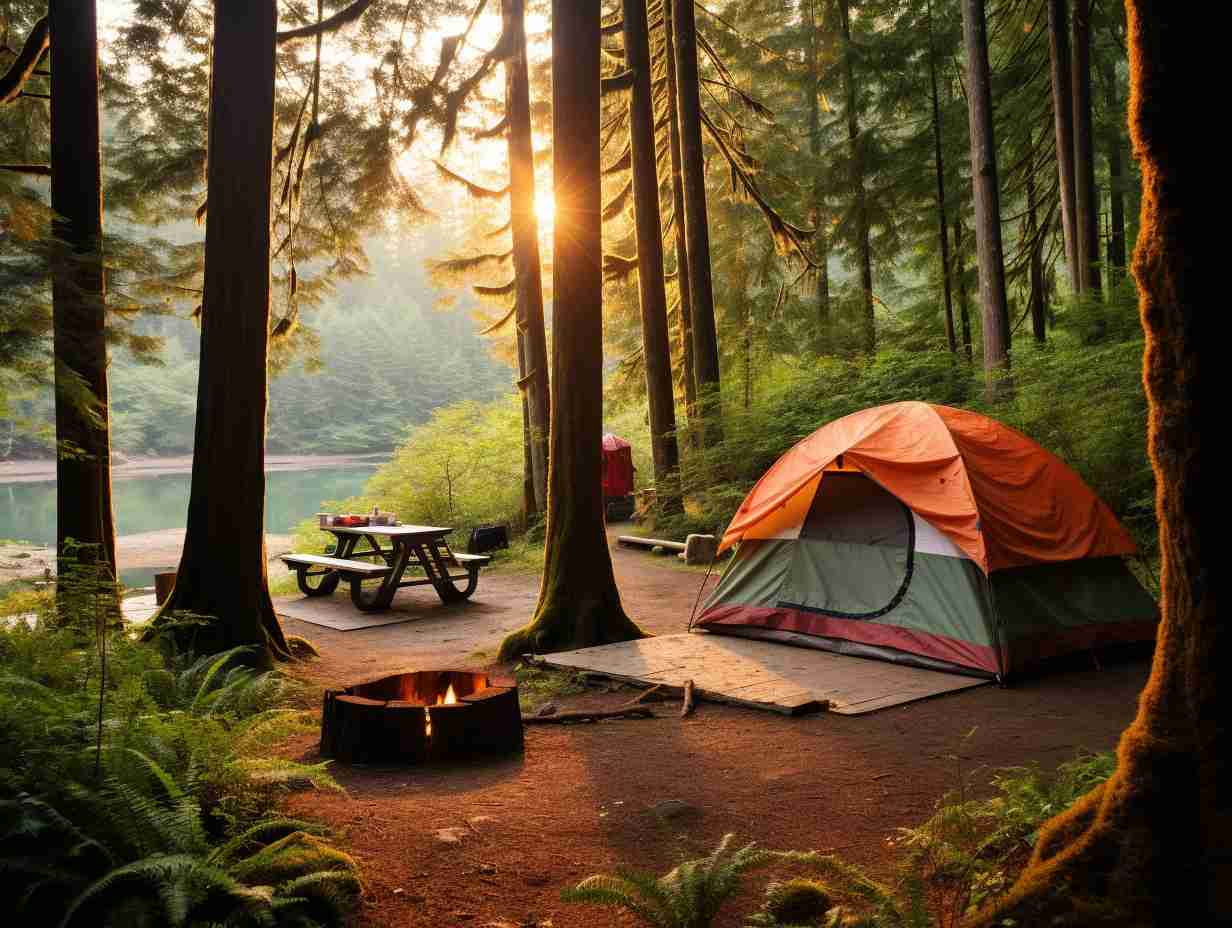 A cozy tent nestled among towering pine trees and lush greenery at a serene campsite.