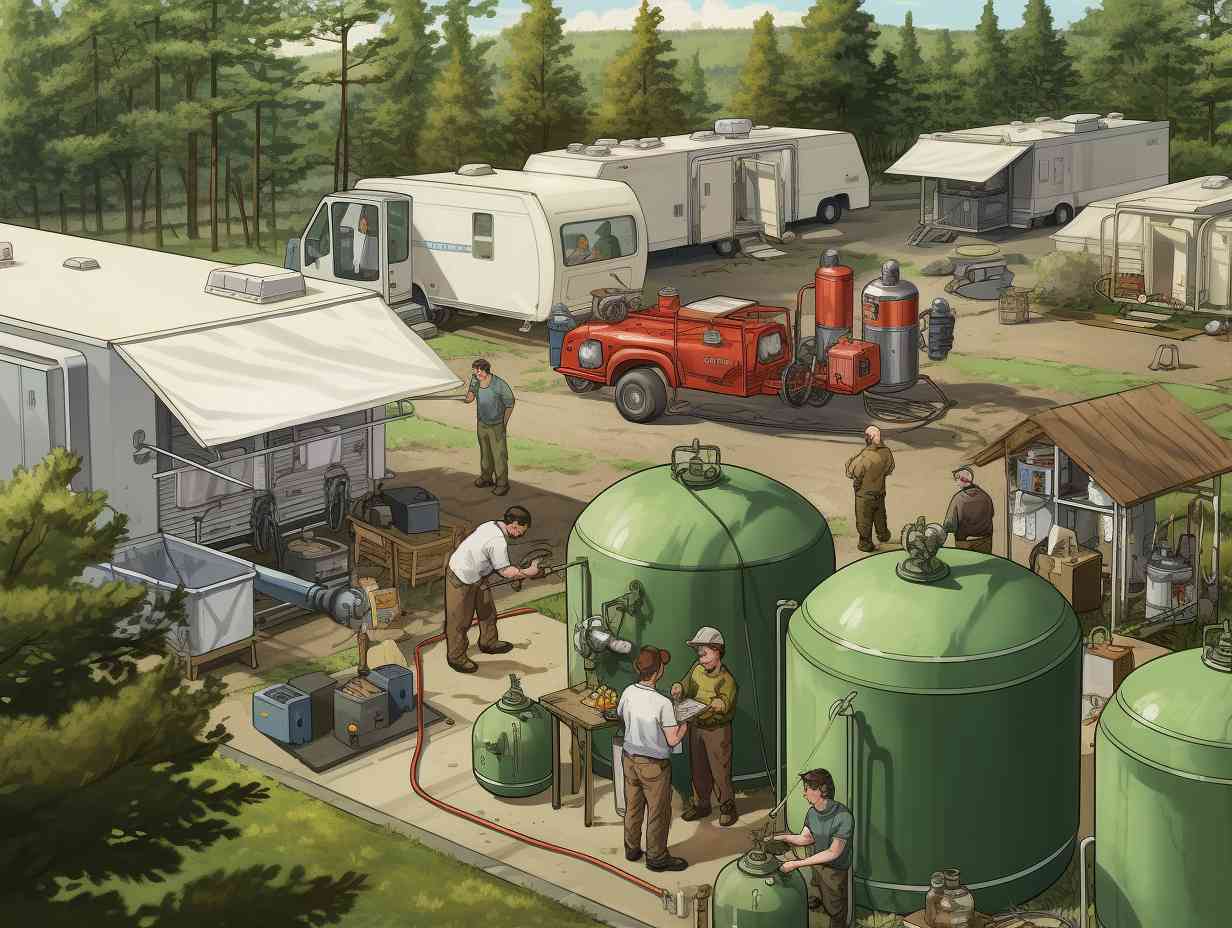 Illustration of the recycling process for camping propane tanks including sorting cleaning and preparation for recycling at a collection center with workers and machinery involved