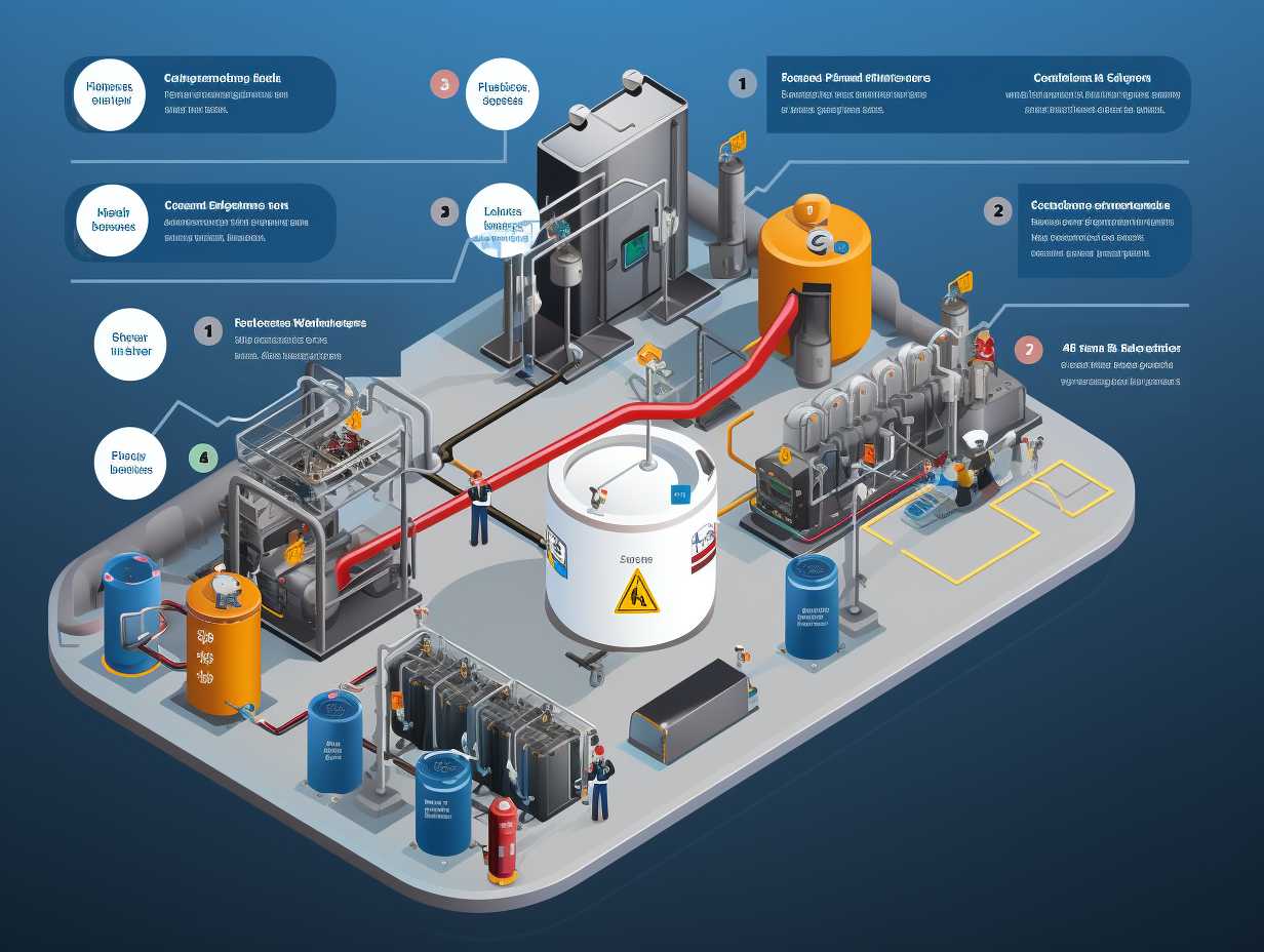 A recycling center with designated bins for different types of propane tanks Arrows indicate the proper disposal process from inspection and valve removal to tank crushing and recycling