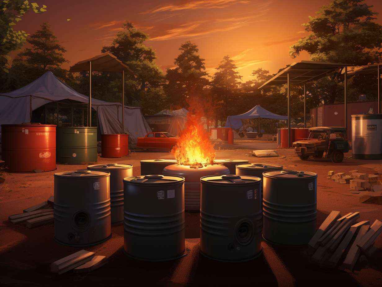 Serene campsite with roaring bonfire surrounded by neatly organized empty camping propane tanks in labeled recycling bins