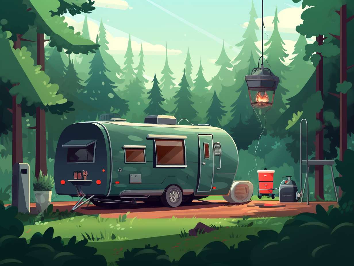 A serene campsite nestled in a lush forest with a camper happily refilling their camping propane tank from a larger refillable tank showcasing ecofriendly camping practices