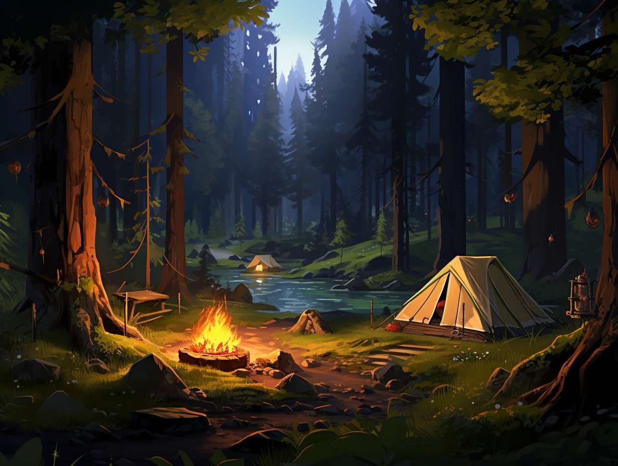 A serene forest scene with a cozy campfire surrounded by tents nestled under towering trees.