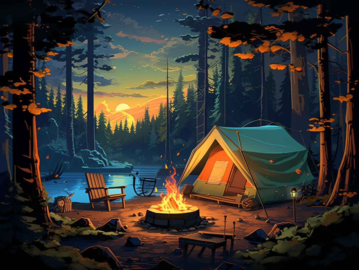 A serene camping scene with a cozy tent, towering trees, and a family roasting marshmallows by the campfire.