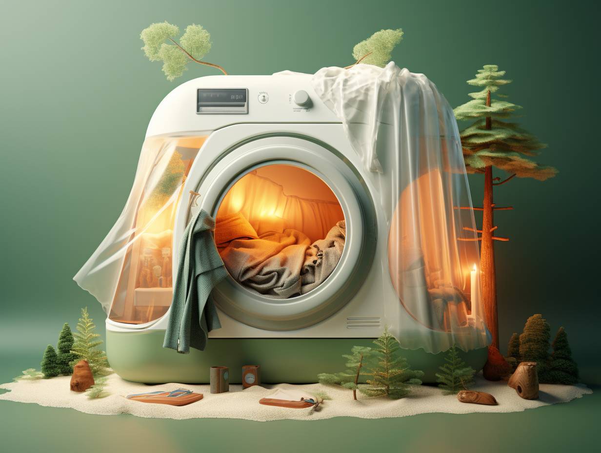 A vibrant camping tent submerged in a washing machine surrounded by swirling water and suds with the query Are Camping Tents Machine Washable?