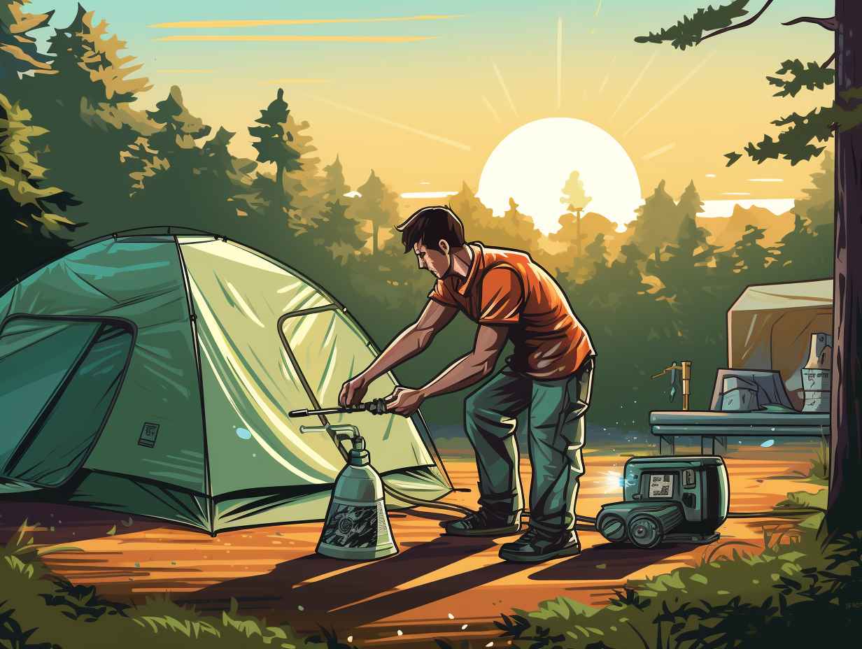 Person gently scrubbing a camping tent with a soft brush and mild soap surrounded by a picturesque outdoor setting