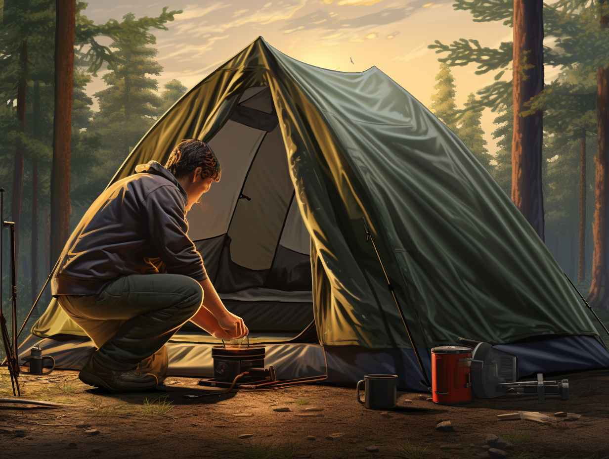 Person carefully cleaning the exterior of a camping tent with a softbristle brush