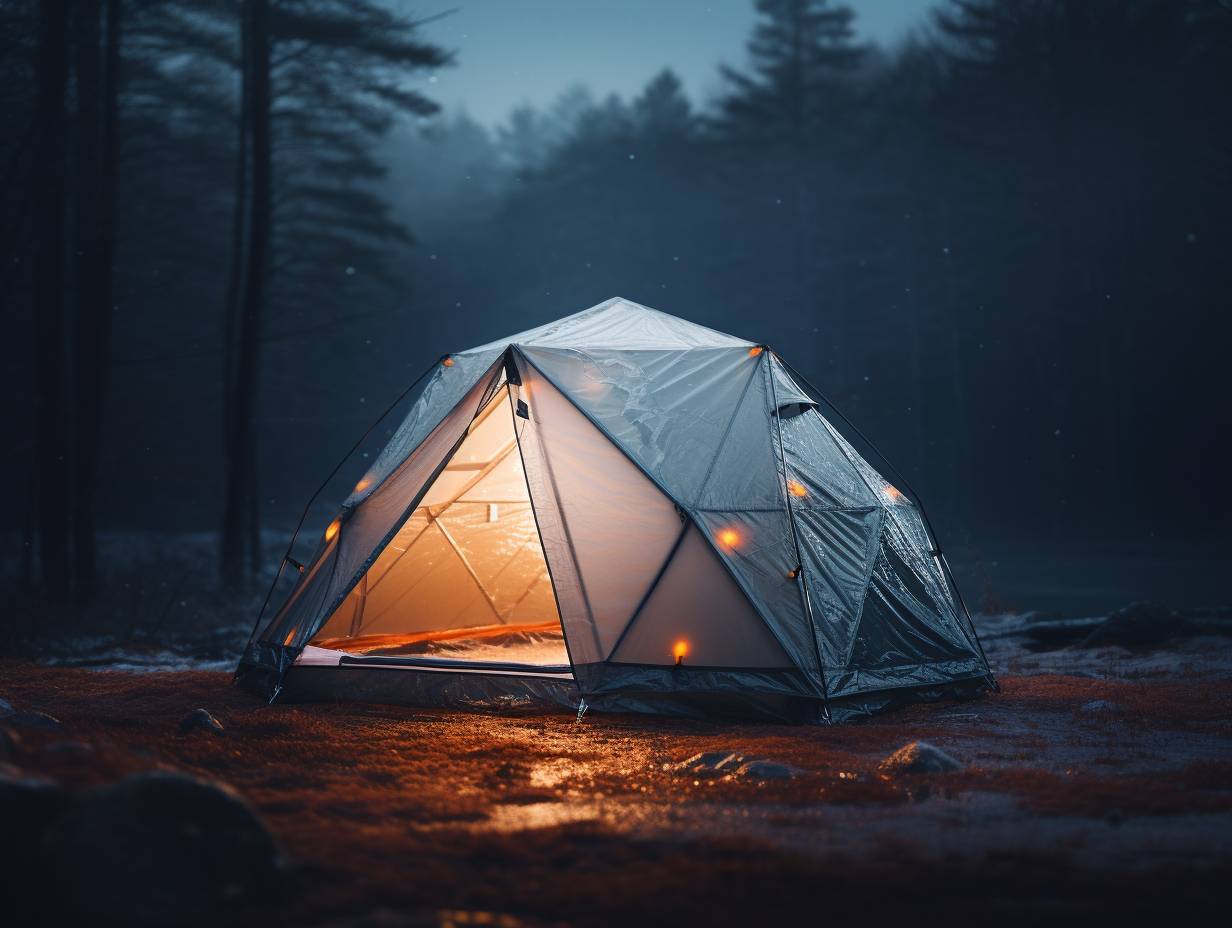 Closeup view of a camping tents rainfly securely attached over the tent body perfectly taut and completely overlapping the entire structure ensuring maximum waterproofing and protection against rain