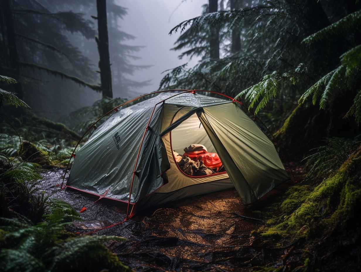 Rain pouring down on a camping tent in a dense forest