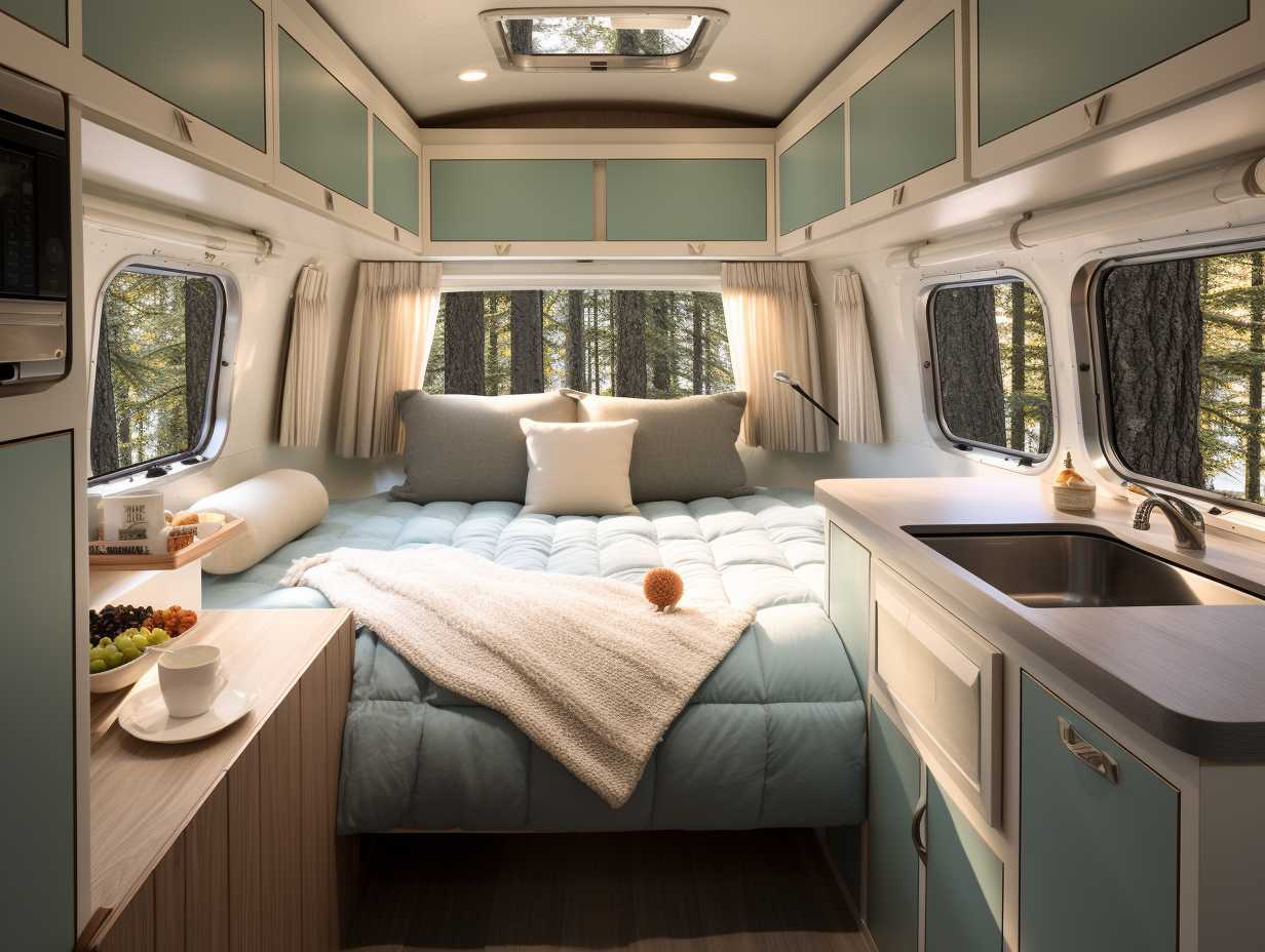 Cozy camping trailer interior with plush cushions fullyequipped kitchenette and queensized bed