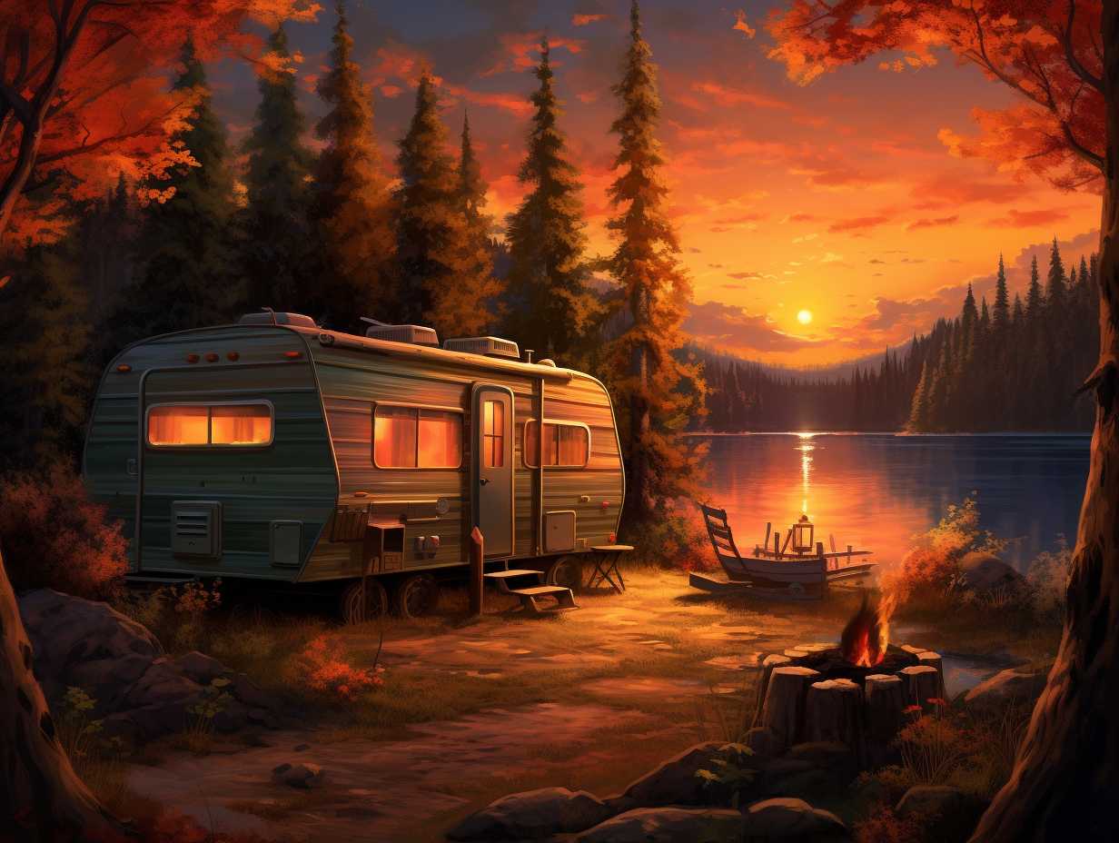 Serene lakeside campsite with cozy camping trailer nestled amidst towering trees