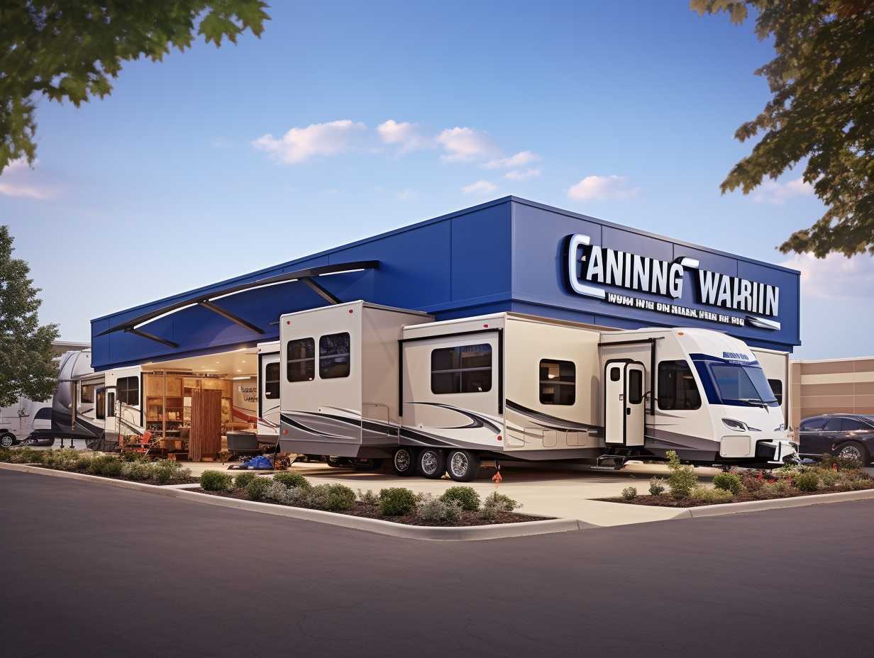 Exterior of Camping World store with logo and signage, featuring recreational vehicles, camping gear, and accessories in the windows.