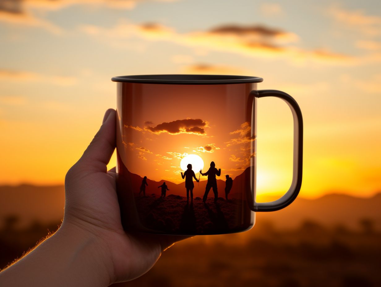 Silhouette of a backpacker holding a lightweight enamel mug against a stunning sunset backdrop