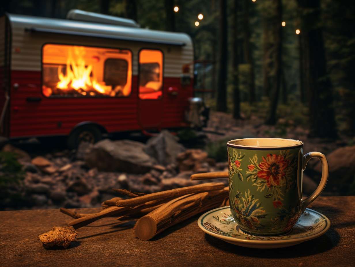 A cozy campsite scene with a crackling fire vintage enamel mug and lush greenery