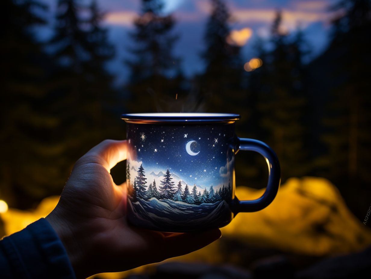 A serene, starry night around a crackling campfire with a hikers hand gripping an enamel mug.