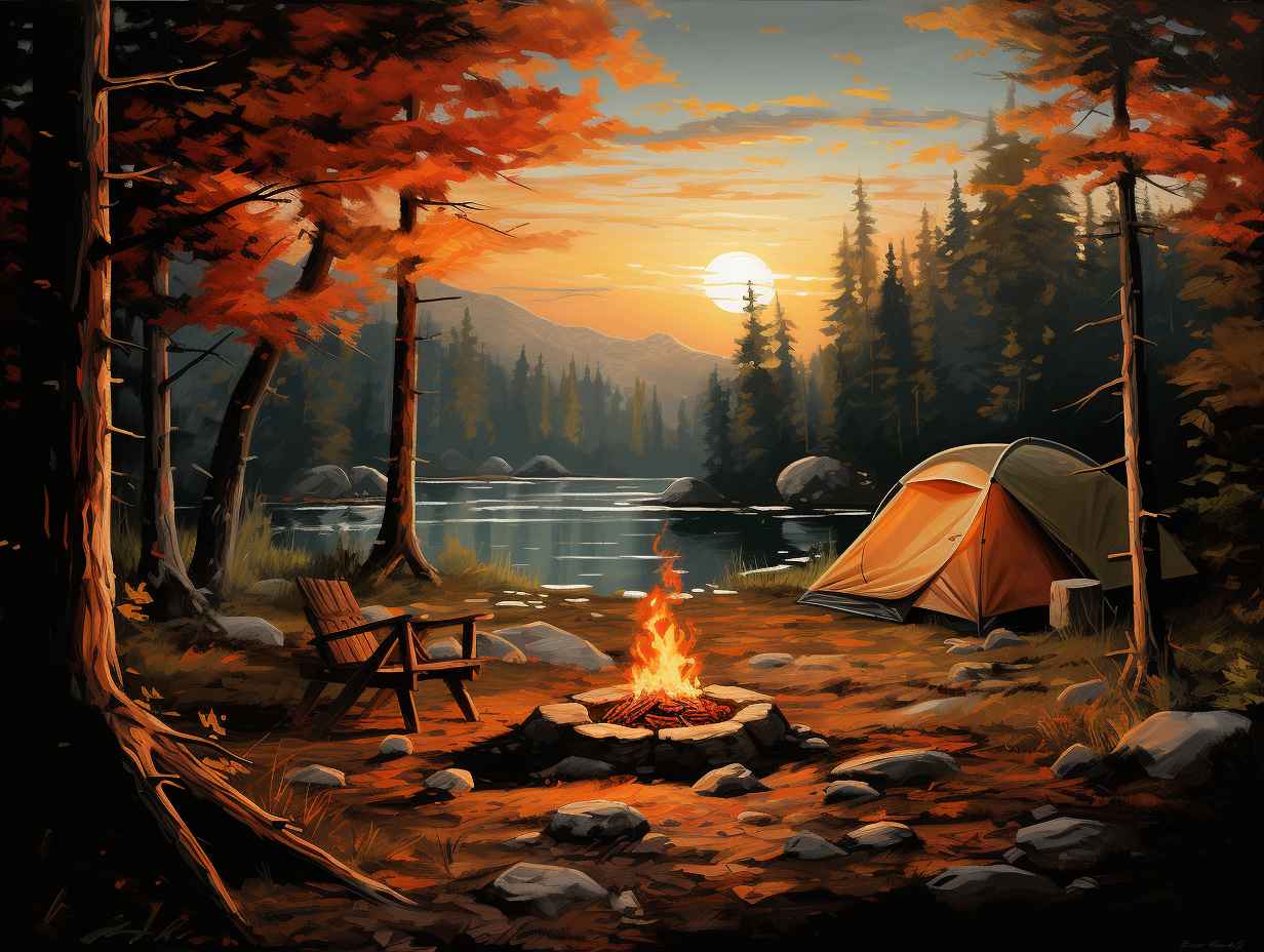 A cozy Happy Napper tent pitched amidst tall pine trees, with soft sunlight filtering through the leaves and illuminating a crackling campfire nearby.