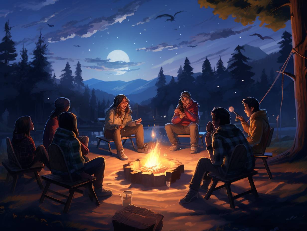 Friends enjoying a cozy campfire scene at dusk, toasting marshmallows and sharing stories under a starry sky