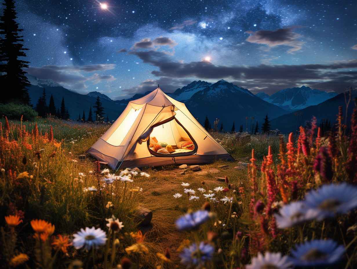 A serene moonlit night with a cozy tent nestled amidst wildflowers, a crackling campfire, and a star-studded sky above.