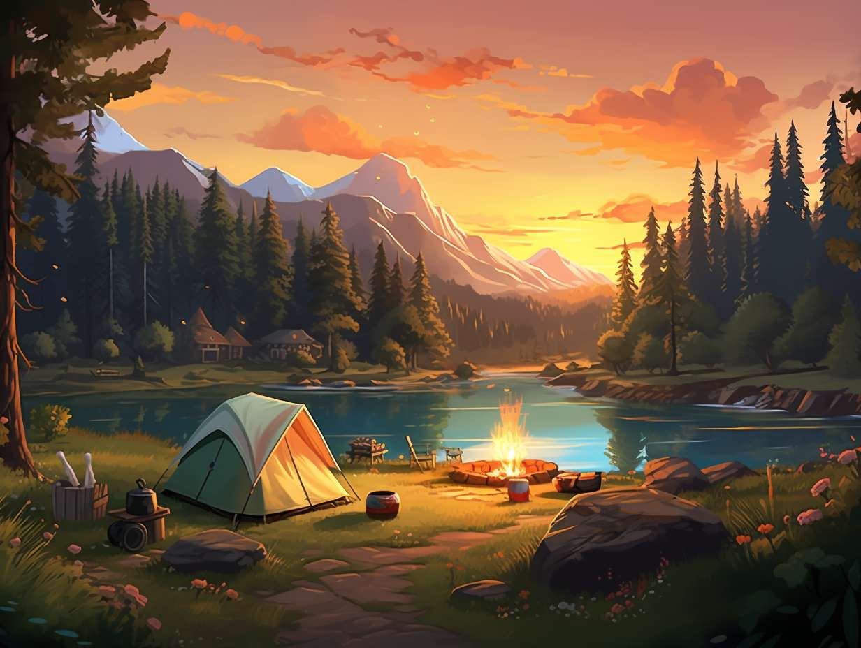 A serene campsite nestled amidst lush greenery with a cozy tent crackling campfire and a family enjoying outdoor activities like fishing stargazing and roasting marshmallows