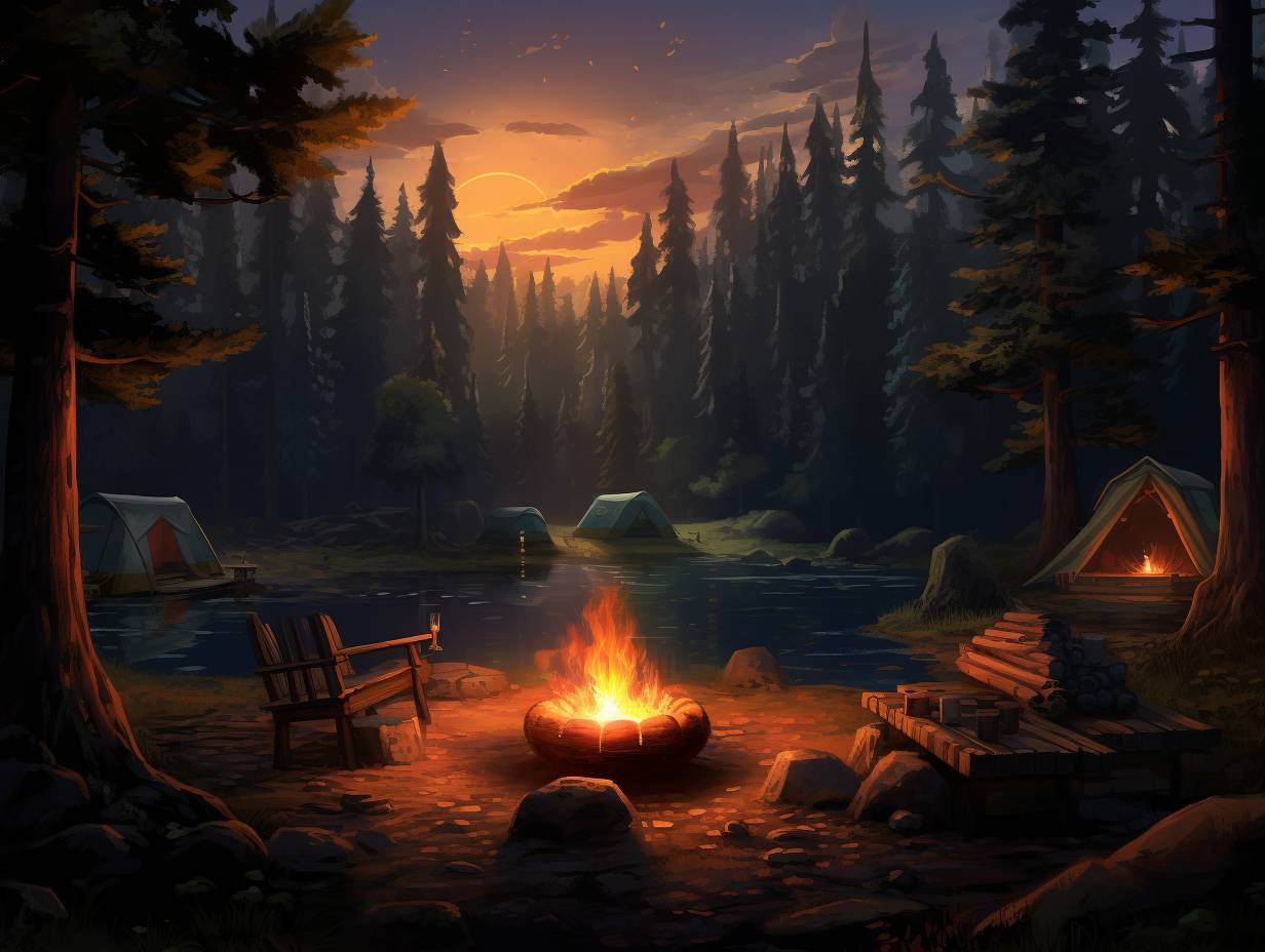 A serene and secluded clearing in a dense forest with a cozy campsite and crackling bonfire surrounded by picturesque landscape.